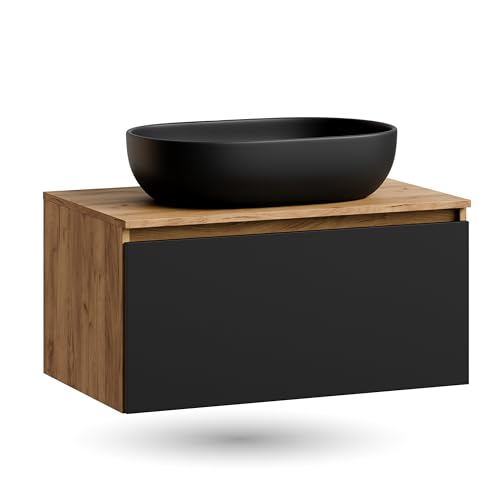 Conjunto de muebles de baño Planetmöbel Arisa   Lavabo dorado de 80 cm con lavabo de 60 cm en roble negro, incluyendo sifón ahorrador de espacio