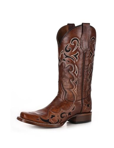 Circle G LADIE'S BROWN/BLACK EMBROIDERY SQ. TOE, LEATHER SOLE, WESTERN L5557