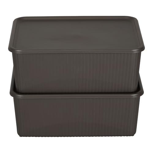 Image of Kolorr Ribbed Baskets Medium Pack of 2 With 2 Standard Lid (Non-Airtight Loose-Fit Cover) Multipurpose Plastic Storage Baskets For Cloths Wardrobe Home Kitchen & Livingroom I Dark Brown