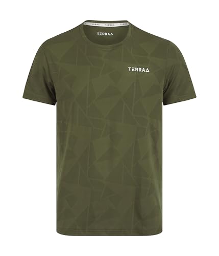 Camiseta deportiva de manga corta para hombre, mezcla de poliéster y elastano de alta calidad con patrón geométrico para gimnasio, correr, atletismo y uso diario, Verde oscuro/caqui, M