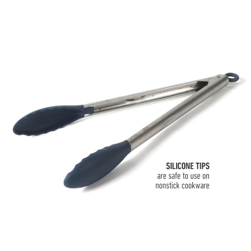 Image of Calphalon Kitchen Tongs, Stainless Steel Locking Tongs with Heat-Resistant Silicone Heads, Nonstick-Safe Cooking Tongs for Grilling, Serving & Food Prep, Navy Blue