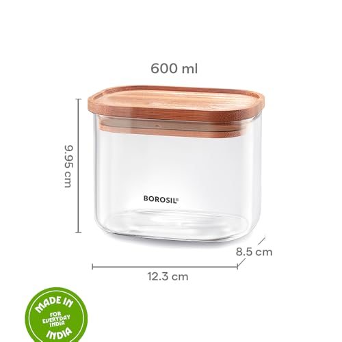 Image of Borosil 600ml Storage Jar Set with Bamboo Lid | Made in India Borosilicate Glass Dishwasher Safe Container for Kitchen | Multipurpose Kitchen Organizer for Cookie & Dals