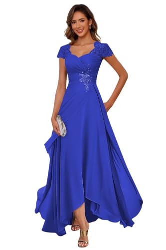 SEIM Cap Sleeve Lace Applique Mother of Bride Dresses for Women Long A Line Pleated Formal Evening Gown