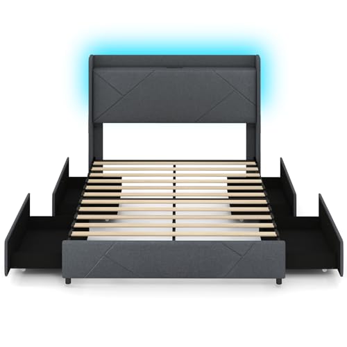 MultigotKing/Double Size Bed Frame with RGB LED Lights, 5FT/4FT6 Slat Support Platform Bed with Charging Station, Storage Headboard and 4 Underbed Drawers, Modern Heavy Duty Bedstead (5FT King)