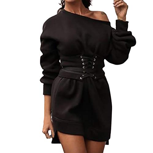 Preisvergleich Produktbild Fcostume Damen Herbst Winter Einfarbig Trägerlos Sweatshirt Frauen Pullover Oberteile Langarmshirt Mode-Bequem-Casual Pulli mit Taillenband Gürtel Bandage