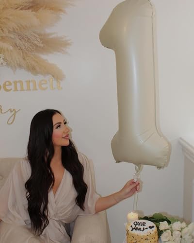 Image of 40 Inch Cream 1 Balloon for First Birthday, 1st Number Balloons Cream Birthday Decorations, One Giant Number 1 Balloon