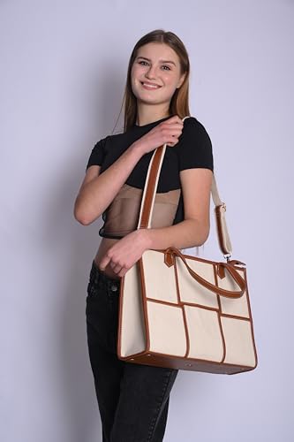Image of Womanix Canvas Laptop Bag, 14 inch Laptop Bag, Work Shoulder Bag, Casual Briefcase, Handbag for Travel, Office, College With Long Adjustable Strap