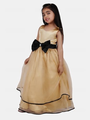 Image of Baby Girls Gold Satin Round Nack Fit and Flare Long Maxi Dress (WLT-059 4-5Years Kidswear)