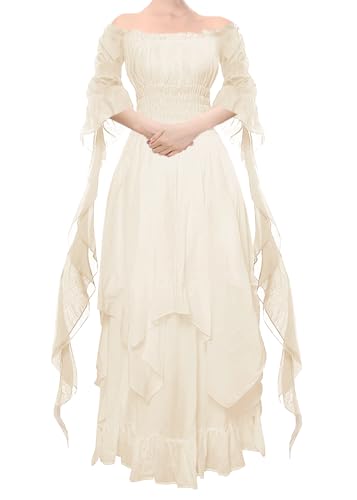 YEAXLUD Women's Victorian Dress Puff Sleeve Off Shoulder Ruffle Plus Size Medieval Costume for Women Renaissance Dress (Beige, Large)