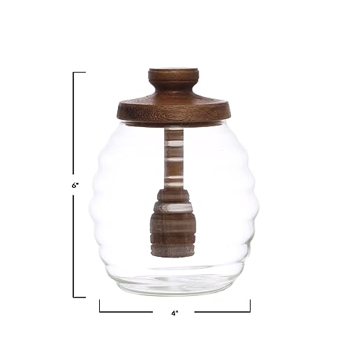 4 Inches Round 14-Ounce Glass Honey Jar with Acacia Wood Lid and Attached Honey Dipper for Kitchen, Natural