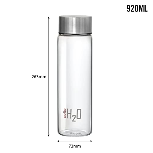 CELLO H2O Steelox Glass Water Bottle | Glass Fridge Bottle | Wide mouth for Easy Cleaning | Bottle for Hotel, Travel, Office, College | Set of 3 | 920ml, Silver