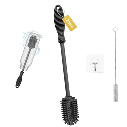 YEibi Cepillo Limpiador de Botellas de Silicona 25 cm + Cepillo Paja, Set con Cepillo Paja y Gancho Adhesivo para Botellas de Cristal, Biberones, Vasos y Termos