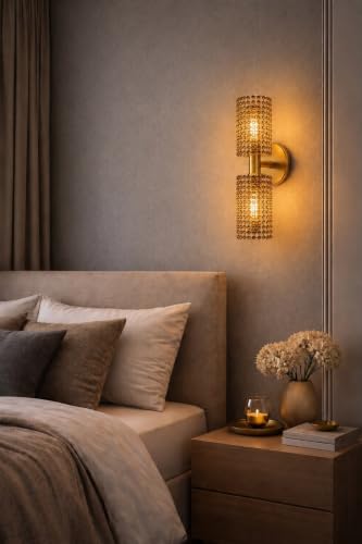 Image of Antique Modern Double Golden Brass Wall Light with Golden Crystal Acrylic Glass Shade Hanging Sconce Lamps Minimalist Design for Bedroom Living Room Bathroom Bedside Vanity Hall Home Decor Hotel Bar