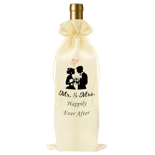 ZuEiiDop Mr and Mrs Happily Ever After Wine Gift Bag for Newlyweds Bride Groom Wedding Engagement Party Decorations Bachelorette Party Bridal Parties Supplies Christmas Valentines Day Gift for Couples