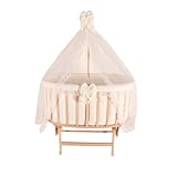 Wooden Baby Bassinet with Canopy, Natural Beech Cradle with Rocking & Locking Function, Includes 100% Cotton Bedding Set, Mattress, Pillow, Bumper, Mosquito Net, Baby Crib for Newborn to 24 Months
