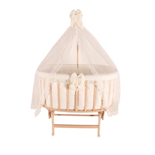 Image of Wooden Baby Bassinet with Canopy, Natural Beech Cradle with Rocking & Locking Function, Includes 100% Cotton Bedding Set, Mattress, Pillow, Bumper, Mosquito Net, Baby Crib for Newborn to 24 Months