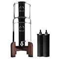 2.25 G AISI 304 Stainless Steel Premium Gravity Water Filter System | NSF Certified 2 Carbon Filter Elements | Free Teak Wood Stand & Steel Spigot | No Plumbing/Electricity Required | Portable
