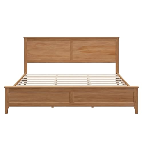 Image of Harper & Bright Designs Modern Farmhouse Platform King Bed Frame, Solid Wood Platform Bed Frame with Headboard, Sturdy Wooden Foundation with Wood Slats for Living Room, Seadrift
