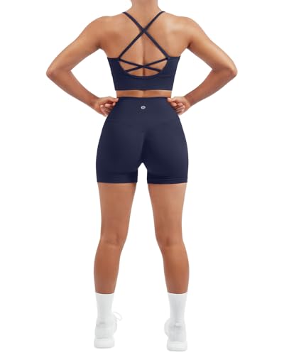 SUUKSESS Women Seamless 2 Piece Workout Sets Criss Cross Padded Sports Bra High Waist Booty Shorts Outfits (Navy Blue, XS)