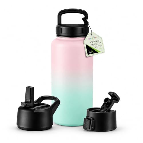 SipX™ 40 oz Insulated Water Bottle with 3 Lids – Leakproof Stainless Steel, Triple Insulated – Cold 24 Hours/Hot 12 Hours – Durable Bottle for School, Gym, Travel – Gradient Mint Pink