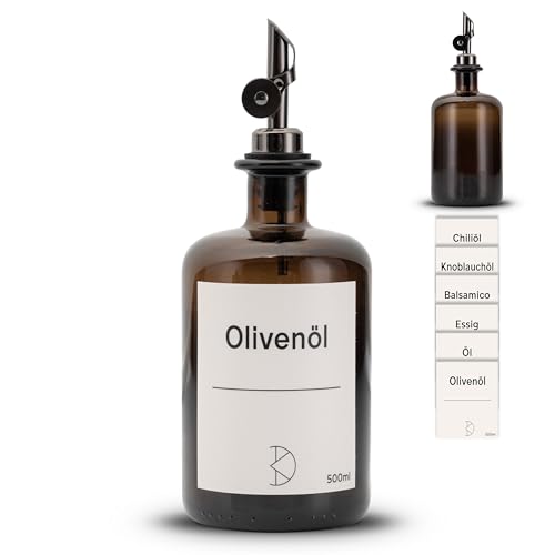 Koffs Design Ölflaschen zum Befüllen - Moderner Ölspender aus Braunglas mit Edelstahl Ausgießer Spender für Öl Essig und Balsamico - Aufkleber für deinen Inhalt - 500ml - mit Stickern