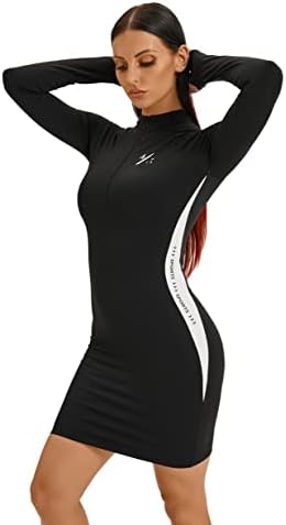 4 of-ten Women's Skinny Sports Dress Zip Up Workout Dress with Thumbhole Design Long Sleeve Athletic Dresses for Women, XS Black