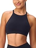 Omwilddo High Neck Cross Back Sports Bra for Women Light Support Yoga Bralette Thin Strap Removable Pads Pilates Workout Top Black S