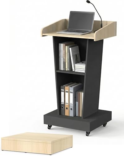 BERPET Rolling Podium Stand with Mobile Footrest - 44.3” Ergonomic Lectern for Church, Classroom, Office - Heavy-Duty Locking Wheels, Dual Storage Shelves, Cable Management, Light Wood & Black