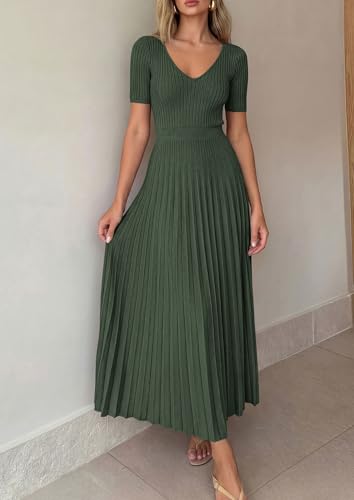 Image of PRETTYGARDEN Women's 2026 Spring Midi Sweater Dresses Elegant Pleated Ribbed Knit Short Sleeve V Neck A Line Summer Outfits