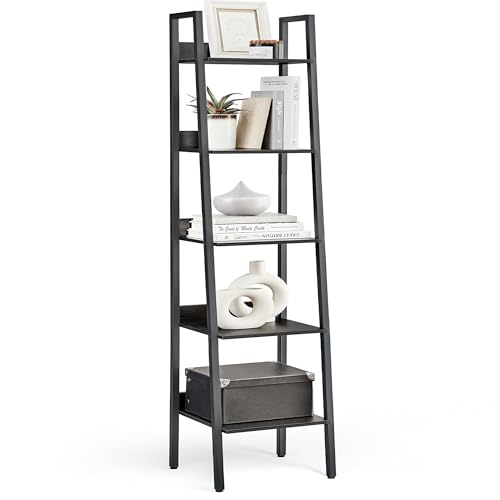 Image of VASAGLE Bookshelf, 5-Tier Narrow Book Shelf, 11.8 x 13.3 x 66.9 Inches, Ladder Shelf for Home Office, Living Room, Bedroom, Kitchen, Ebony Black and Ink Black ULLS109B56