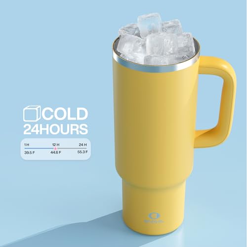 Image of ENCOOL 40 oz Tumbler with Handle and Straw: Stainless Steel Insulated Tumbler Keeps Cold for 24 Hours, Leakproof Travel Cup Fits in Cup Holder and BPA-Free,Elfin Yellow
