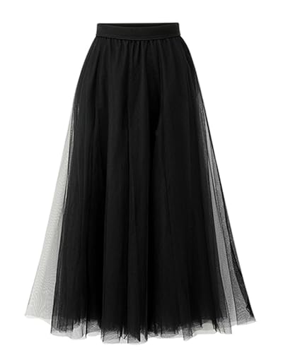 Women's A-Line Fairy Elastic Waist Tulle Midi Skirt 2 Layered Mesh Formal Prom Party