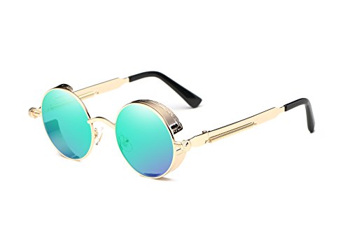 Dollger Vintage Steampunk Retro Metal Round Circle Frame Sunglasses (C10:Green Mirror Lens Gold Frame, 100% UV Protection Lens)
