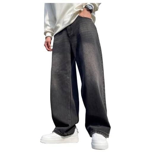 DFGIGT Calça jeans folgada hip hop para homens estilosa, pernas largas, skatista, calça jeans folgada, moda urbana, A20 Preto, PP