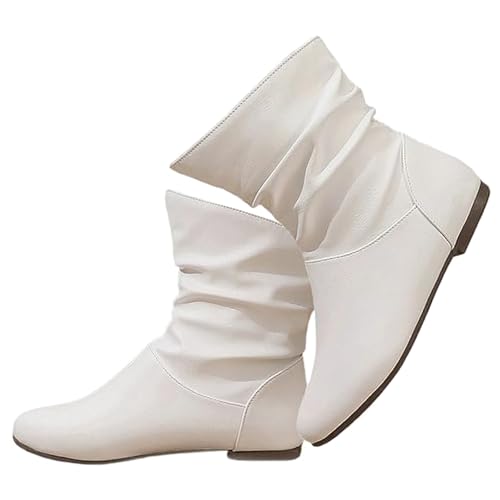 Women's Leather Slouchy Flat Ankle Boots Comfortable Round Toe Casual Pull On Booties Fall Winter Fashion Low Heel Short Boots