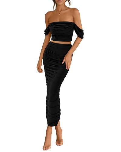PRETTYGARDEN Women Sexy Two Piece Outfits Summer Off Shoulder Ruched Bodycon Mesh Cocktail Club Skirt Sets 2025(Black,Large)