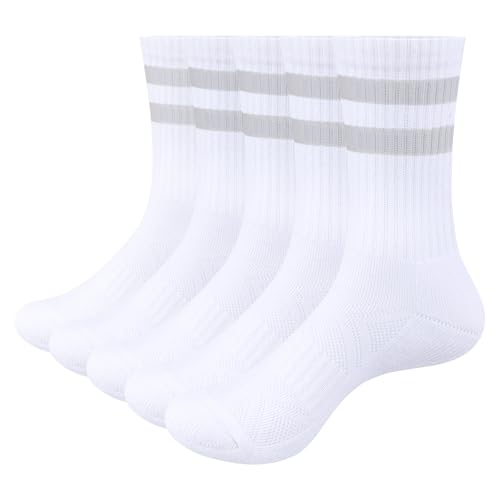 YUEDGE Women's Sports Socks, Moisture Wicking Gym Athletic Socks For Tennis Fitness, Terry Cushioned Combed Cotton Crew Socks for Women, Casual Striped Womens Socks, Size 4-7, Black, 5 Pairs