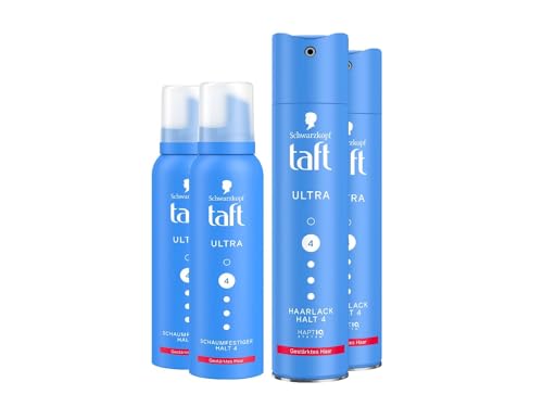 Taft Schwarzkopf Schaumfestiger Ultra (2x150ml) Haltegrad 4 Haarschaum für alle Haartypen & Haarlack Ultra (2x250ml) Haarstyling, Haarspray, gestärktes Haar, vegane Formel*
