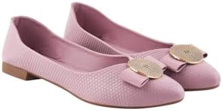 Shoetopia Women's Ballet Flats – Textured Slip-On Bellies with Decorative Bow & Gold Button | Elegant Casual & Office