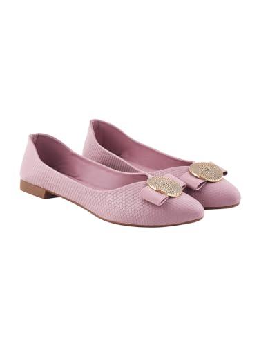 Shoetopia Women's Ballet Flats – Textured Slip-On Bellies with Decorative Bow & Gold Button | Elegant Casual & Office