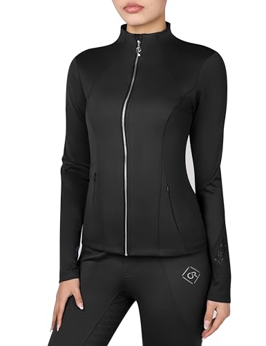GemRebel Women’s Equestrian Riding Shirt, Full Zip Lightweight Fleece Lined Training Top for Horseback Riding Black L