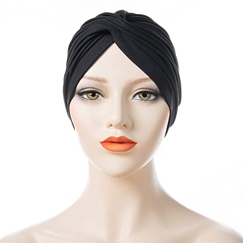 Black Turban Hat Womens Stretch Turban Pre Tied Hair Wrap Soft Knot Headwrap Elastic Head Cover Sleeping Head Wrap