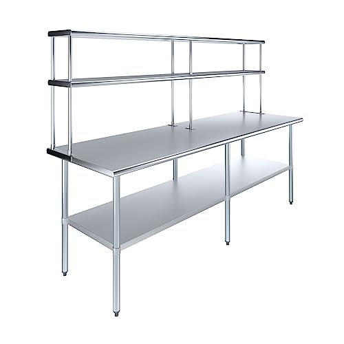 Image of AmGood Stainless Steel Work Table with 12 inch Wide Double Tier Overshelf | Metal Kitchen Prep Table & Shelving Combo | NSF (Stainless Steel Table with Double Overshelves, 96 inch Long x 30 inch Deep)