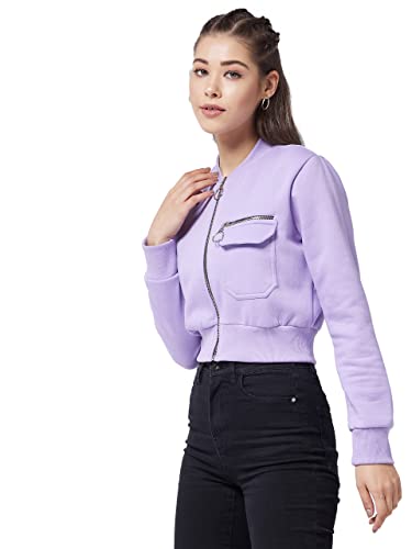 Image of Miss Chase Women's Lavender Round Neck Full Sleeve Cotton Solid Bomber Crop Jacket