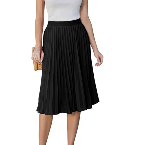 Pleated Skirts for Women Knee Length A Line Skirt Dressy Casual Summer Elastic High Waisted Work Skirts2