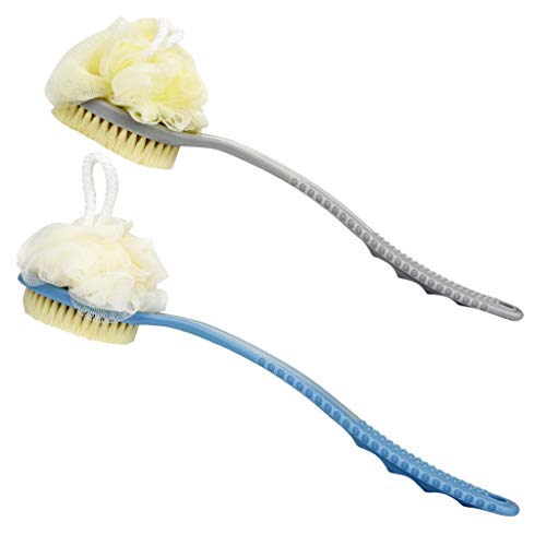 2 Piece Bath Brush, Shower Body Brush with Bristles and Loofah, Back Scrubber Long Handle Exfoliating Brush for Men and Women (Blue+Gray)