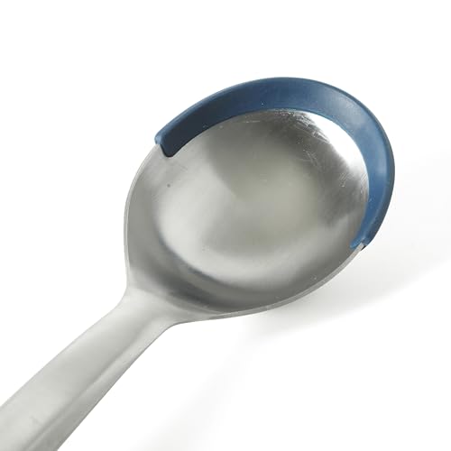 Image of Calphalon Prime Kitchen Spoon, Stainless Steel & Silicone Cooking Spoon with Navy Silicone Rim, Heat-Resistant Nonstick-Safe Spoon for Stirring, Mixing & Serving