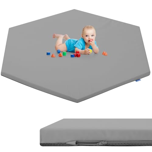 Image of BabyAlly Baby Hexagon Play Mat 52" X 45",Premium Foam Crawling Mat, Thick & Super Soft Vegan Leather Floor Mat,Non-Slip Cushioned Baby Playmat for Infants, Babies, Toddlers(Dark Gray)