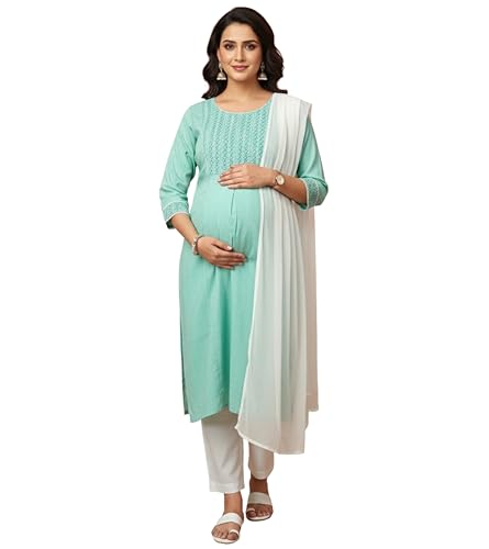 Image of DUMMY SHAPE Feeding Dresses for Women Full Set | Cotton Blend Floral Embroidered Kurta Pant Dupatta Suit with Nursing Zippers to Pre & Post Pregnancy | Gift for Pregnant Woman