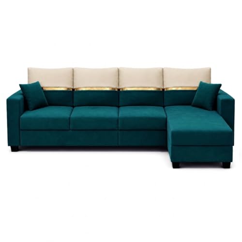 Image of Furny Arvea 5 Seater Fabric RHS L Shape Sofa Set (Greenish Teal) | Soft Velvet Fabric | Modern Design | Comfortable Seating | Living Room Furniture